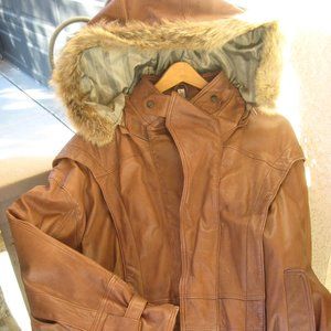 LEATHER Hoodie BOMBER Jacket with Fur Trim (it's removeable)